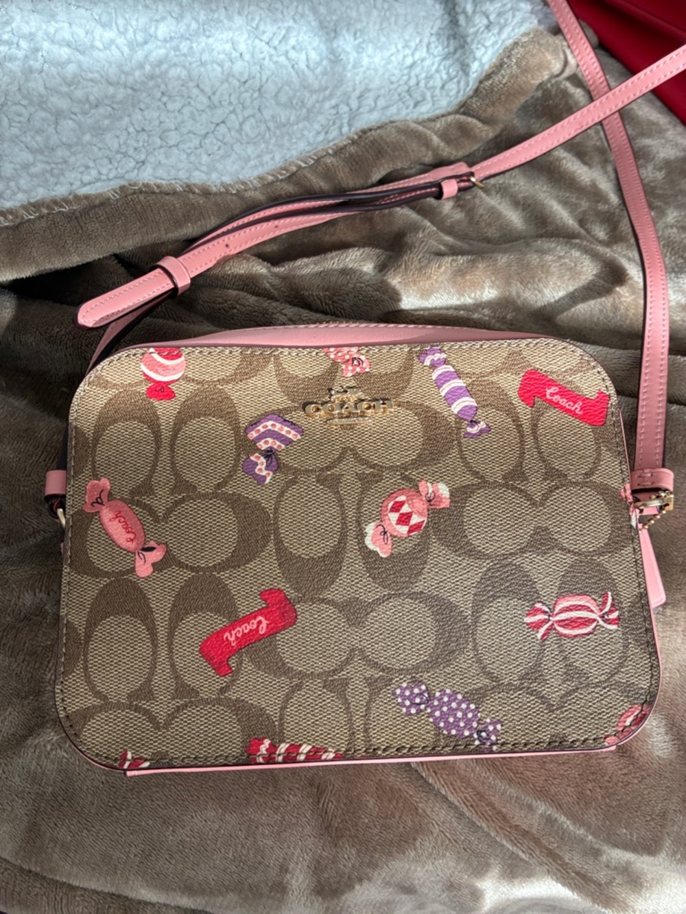 Coach Brown Signature Canvas Crossbody with Pink Trim and Candy Print